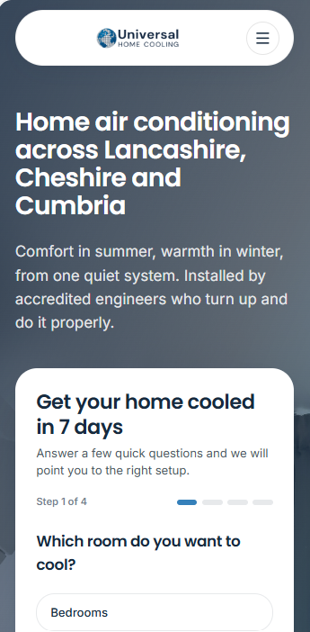 Universal Home Cooling website shown on a phone